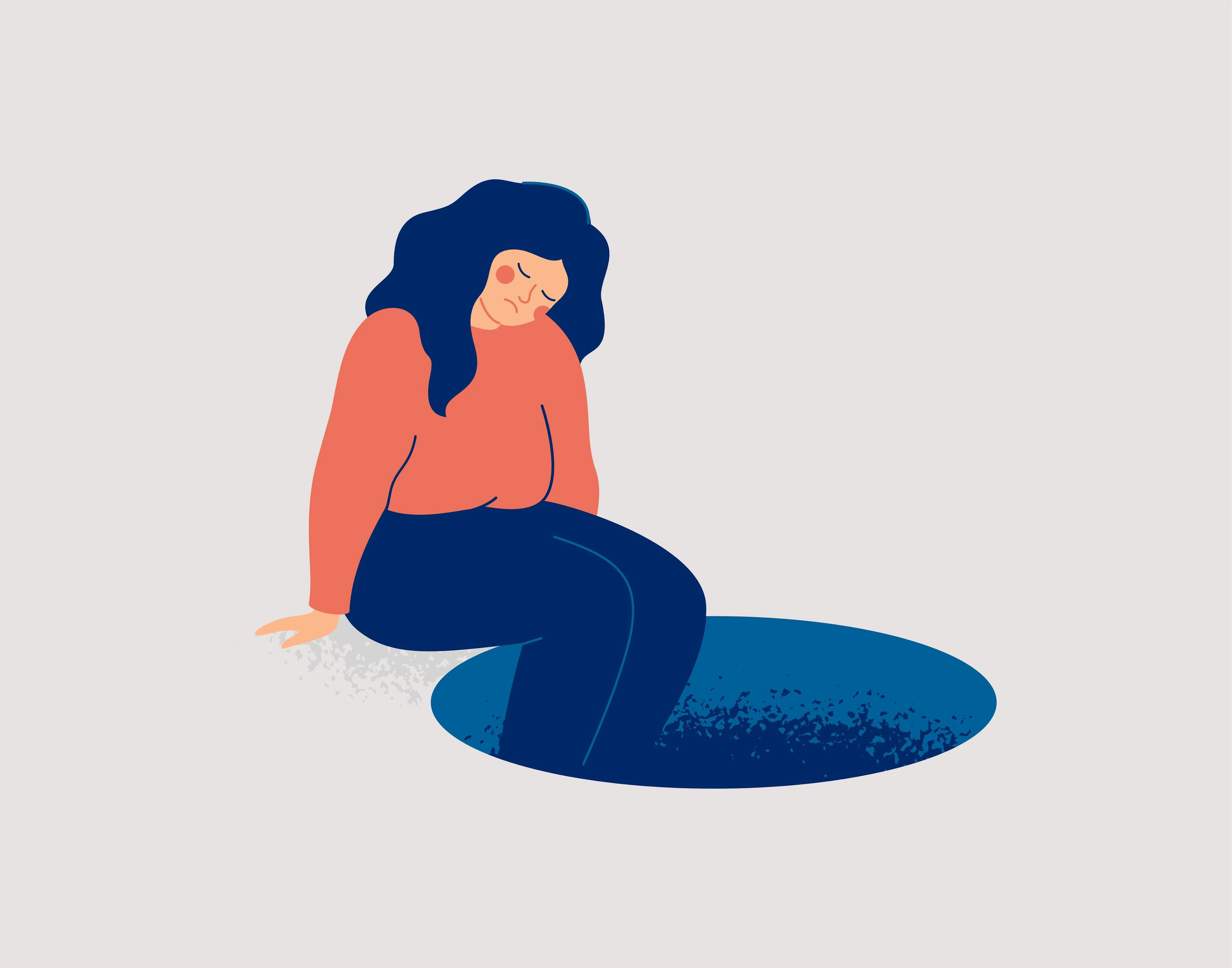 Depressed woman sits on the edge of dark hole and sees no prospects. Sad girl is powerless and apathy. Female person without motivation. Mental health